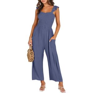 imageANRABESS Women Summer Casual Dressy Sleeveless Smocked Wide Leg Linen Jumpsuits Rompers 2026 Trendy Travel Outfit PocketDeep Blue
