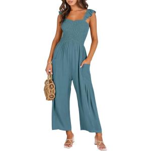 imageANRABESS Women Summer Casual Dressy Sleeveless Smocked Wide Leg Linen Jumpsuits Rompers 2026 Trendy Travel Outfit PocketGray Blue