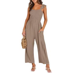 imageANRABESS Women Summer Casual Dressy Sleeveless Smocked Wide Leg Linen Jumpsuits Rompers 2026 Trendy Travel Outfit PocketLight Brown