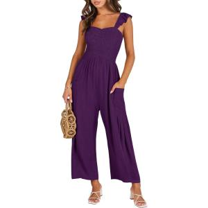 imageANRABESS Women Summer Casual Dressy Sleeveless Smocked Wide Leg Linen Jumpsuits Rompers 2026 Trendy Travel Outfit PocketPurple