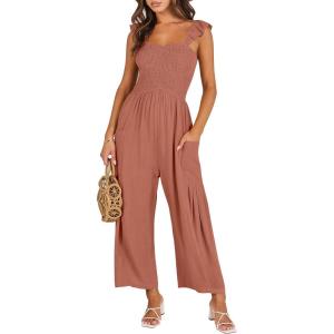 imageANRABESS Women Summer Casual Dressy Sleeveless Smocked Wide Leg Linen Jumpsuits Rompers 2026 Trendy Travel Outfit PocketRust