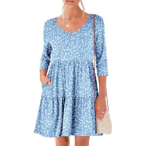 imageANRABESS Womens 34 Sleeve Mini Dresses Summer Casual V Neck Flowy Tiered Floral Boho Aline 2026 Beach Vacation Short DressFloral Blue White