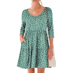 imageANRABESS Womens 34 Sleeve Mini Dresses Summer Casual V Neck Flowy Tiered Floral Boho Aline 2026 Beach Vacation Short DressFloral Green