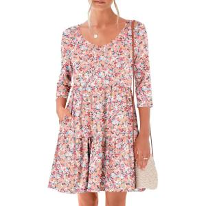 imageANRABESS Womens 34 Sleeve Mini Dresses Summer Casual V Neck Flowy Tiered Floral Boho Aline 2026 Beach Vacation Short DressFloral Pink