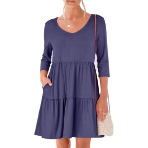 imageANRABESS Womens 34 Sleeve Mini Dresses Summer Casual V Neck Flowy Tiered Floral Boho Aline 2026 Beach Vacation Short DressNavy Blue