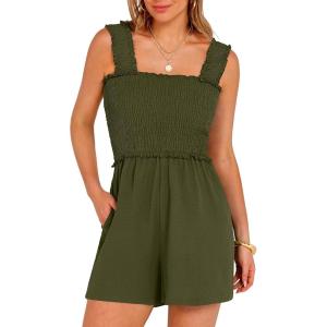 imageANRABESS Womens Rompers Summer Casual Smocked Square Neck Sleeveless Loose Shorts Jumpsuit 2026 Beach Vacation ClothesArmy Green