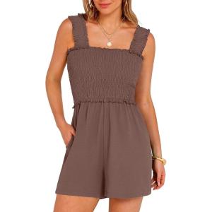 imageANRABESS Womens Rompers Summer Casual Smocked Square Neck Sleeveless Loose Shorts Jumpsuit 2026 Beach Vacation ClothesBrown