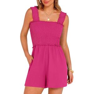 imageANRABESS Womens Rompers Summer Casual Smocked Square Neck Sleeveless Loose Shorts Jumpsuit 2026 Beach Vacation ClothesHot Pink