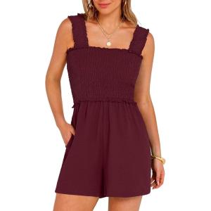 imageANRABESS Womens Rompers Summer Casual Smocked Square Neck Sleeveless Loose Shorts Jumpsuit 2026 Beach Vacation ClothesWine Red