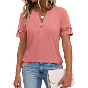 imageANRABESS Womens Short Sleeve Tops Henley V Neck Blouses Dressy Casual 2026 Summer Trendy Tee Shirts Business Work OutfitsCoral Pink