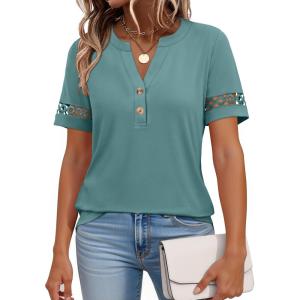 imageANRABESS Womens Short Sleeve Tops Henley V Neck Blouses Dressy Casual 2026 Summer Trendy Tee Shirts Business Work OutfitsGray Green