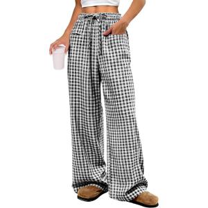 imageANRABESS Womens Striped Gingham Pants 2026 Pajama Drawstring Wide Leg Lounge Plaid Pants Cute Casual Trousers with PocketsBlack White Plaid