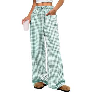 imageANRABESS Womens Striped Gingham Pants 2026 Pajama Drawstring Wide Leg Lounge Plaid Pants Cute Casual Trousers with PocketsGreen White Plaid