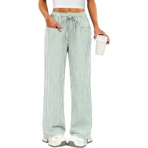 imageANRABESS Womens Striped Gingham Pants 2026 Pajama Drawstring Wide Leg Lounge Plaid Pants Cute Casual Trousers with PocketsGreen White Stripe
