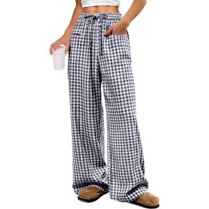 imageANRABESS Womens Striped Gingham Pants 2026 Pajama Drawstring Wide Leg Lounge Plaid Pants Cute Casual Trousers with PocketsNavy Blue White Plaid