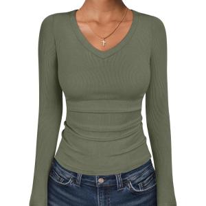 image:imageANRABESS Long Sleeve Shirts for Women V Neck Ribbed Knit Fitted Fall Basic Tshirts Going Out Tops 2026 Casual Trendy ClothesArmy Green
