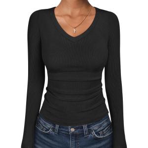 image:imageANRABESS Long Sleeve Shirts for Women V Neck Ribbed Knit Fitted Fall Basic Tshirts Going Out Tops 2026 Casual Trendy ClothesBlack
