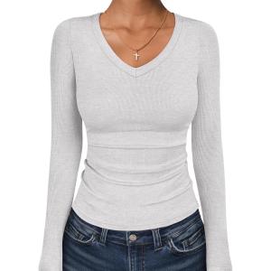 image:imageANRABESS Long Sleeve Shirts for Women V Neck Ribbed Knit Fitted Fall Basic Tshirts Going Out Tops 2026 Casual Trendy ClothesBright Grey