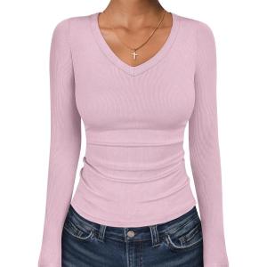 image:imageANRABESS Long Sleeve Shirts for Women V Neck Ribbed Knit Fitted Fall Basic Tshirts Going Out Tops 2026 Casual Trendy ClothesBright Pink
