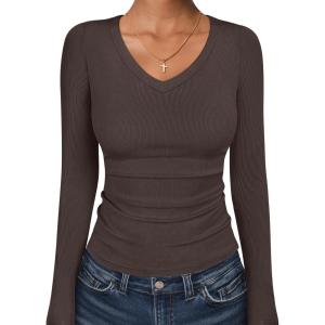 image:imageANRABESS Long Sleeve Shirts for Women V Neck Ribbed Knit Fitted Fall Basic Tshirts Going Out Tops 2026 Casual Trendy ClothesCoffee