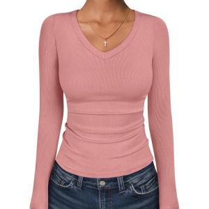 image:imageANRABESS Long Sleeve Shirts for Women V Neck Ribbed Knit Fitted Fall Basic Tshirts Going Out Tops 2026 Casual Trendy ClothesCoral Pink