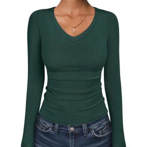 image:imageANRABESS Long Sleeve Shirts for Women V Neck Ribbed Knit Fitted Fall Basic Tshirts Going Out Tops 2026 Casual Trendy ClothesDeep Green