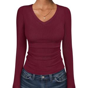 image:imageANRABESS Long Sleeve Shirts for Women V Neck Ribbed Knit Fitted Fall Basic Tshirts Going Out Tops 2026 Casual Trendy ClothesDeep Red
