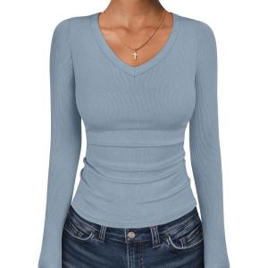 image:imageANRABESS Long Sleeve Shirts for Women V Neck Ribbed Knit Fitted Fall Basic Tshirts Going Out Tops 2026 Casual Trendy ClothesGrey Blue