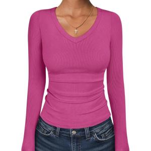 image:imageANRABESS Long Sleeve Shirts for Women V Neck Ribbed Knit Fitted Fall Basic Tshirts Going Out Tops 2026 Casual Trendy ClothesHot Pink