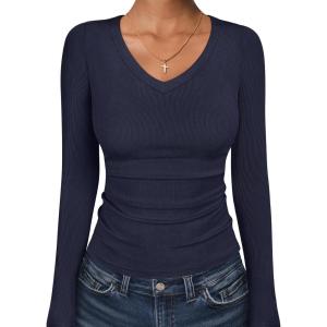 image:imageANRABESS Long Sleeve Shirts for Women V Neck Ribbed Knit Fitted Fall Basic Tshirts Going Out Tops 2026 Casual Trendy ClothesNavy Blue