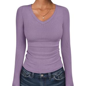 image:imageANRABESS Long Sleeve Shirts for Women V Neck Ribbed Knit Fitted Fall Basic Tshirts Going Out Tops 2026 Casual Trendy ClothesPurple