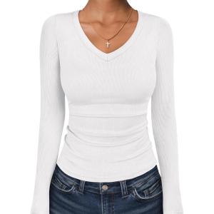 image:imageANRABESS Long Sleeve Shirts for Women V Neck Ribbed Knit Fitted Fall Basic Tshirts Going Out Tops 2026 Casual Trendy ClothesWhite