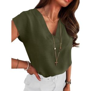 image:imageANRABESS Women Tops Cap Sleeve Textured Dressy Casual V Neck Shirts 2026 Summer Business Work Blouses OutfitsArmy Green