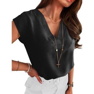 image:imageANRABESS Women Tops Cap Sleeve Textured Dressy Casual V Neck Shirts 2026 Summer Business Work Blouses OutfitsBlack