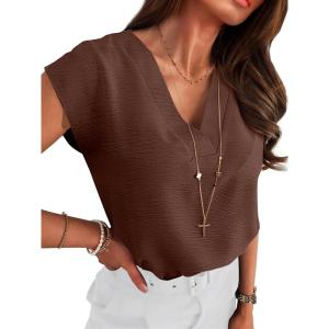 image:imageANRABESS Women Tops Cap Sleeve Textured Dressy Casual V Neck Shirts 2026 Summer Business Work Blouses OutfitsBrown