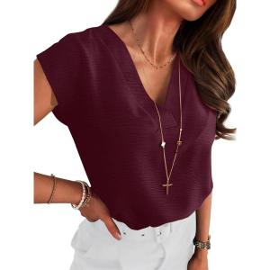 image:imageANRABESS Women Tops Cap Sleeve Textured Dressy Casual V Neck Shirts 2026 Summer Business Work Blouses OutfitsBurgundy