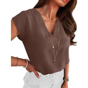 image:imageANRABESS Women Tops Cap Sleeve Textured Dressy Casual V Neck Shirts 2026 Summer Business Work Blouses OutfitsCoffee
