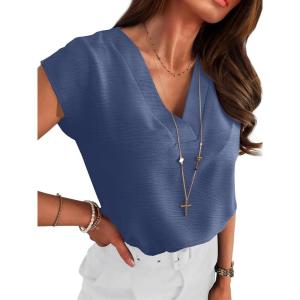 image:imageANRABESS Women Tops Cap Sleeve Textured Dressy Casual V Neck Shirts 2026 Summer Business Work Blouses OutfitsDark Blue