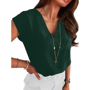 image:imageANRABESS Women Tops Cap Sleeve Textured Dressy Casual V Neck Shirts 2026 Summer Business Work Blouses OutfitsDark Green