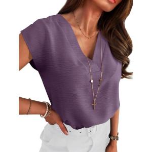 image:imageANRABESS Women Tops Cap Sleeve Textured Dressy Casual V Neck Shirts 2026 Summer Business Work Blouses OutfitsDark Purple