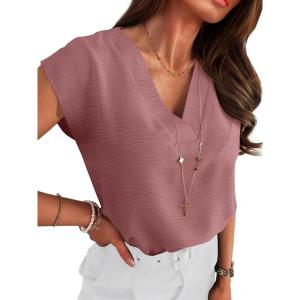 image:imageANRABESS Women Tops Cap Sleeve Textured Dressy Casual V Neck Shirts 2026 Summer Business Work Blouses OutfitsDusty Rose