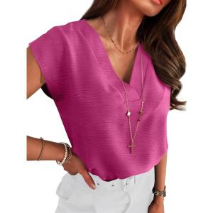 image:imageANRABESS Women Tops Cap Sleeve Textured Dressy Casual V Neck Shirts 2026 Summer Business Work Blouses OutfitsHot Pink