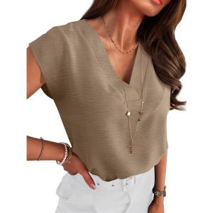 image:imageANRABESS Women Tops Cap Sleeve Textured Dressy Casual V Neck Shirts 2026 Summer Business Work Blouses OutfitsKhaki