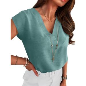 image:imageANRABESS Women Tops Cap Sleeve Textured Dressy Casual V Neck Shirts 2026 Summer Business Work Blouses OutfitsLake Blue