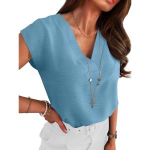 image:imageANRABESS Women Tops Cap Sleeve Textured Dressy Casual V Neck Shirts 2026 Summer Business Work Blouses OutfitsLight Blue