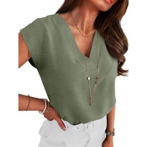 image:imageANRABESS Women Tops Cap Sleeve Textured Dressy Casual V Neck Shirts 2026 Summer Business Work Blouses OutfitsLight Green