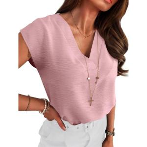 image:imageANRABESS Women Tops Cap Sleeve Textured Dressy Casual V Neck Shirts 2026 Summer Business Work Blouses OutfitsLight Pink