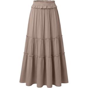 image:imageANRABESS Womens Maxi Skirt Flowy Swing Ruffle Tiered Elastic High Waist Long Skirts 2026 Summer Casual Beach Vacation ClothesLight Brown