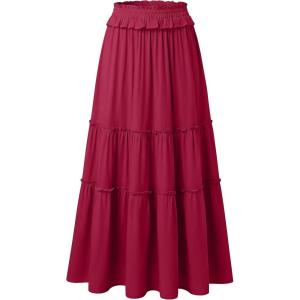 image:imageANRABESS Womens Maxi Skirt Flowy Swing Ruffle Tiered Elastic High Waist Long Skirts 2026 Summer Casual Beach Vacation ClothesRed