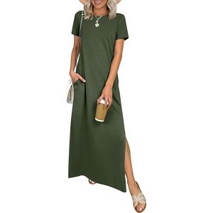 image:imageANRABESS Womens Summer Casual Maxi Dress Short Sleeve Crewneck Split WrinkleFree Travel Long Sundress Beach Vacation ClothesArmy Green
